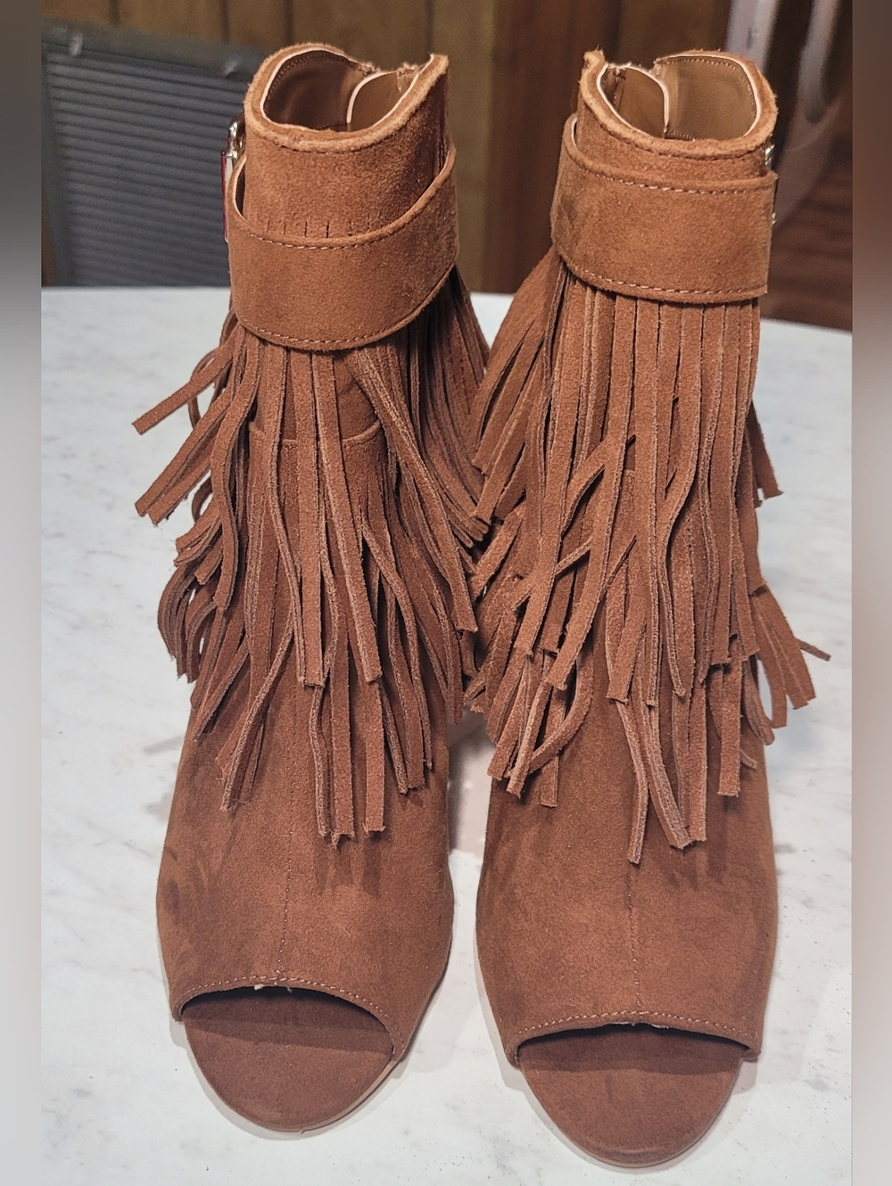 Express Tan Fringed Peep-Toe Heeled Boots